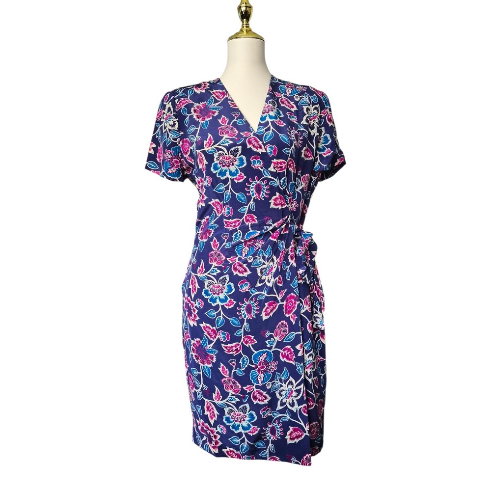 Adrianna Papell 80's Pure Silk Wrap Dress Purple Pink Floral Side Tie Size 8 Nwt